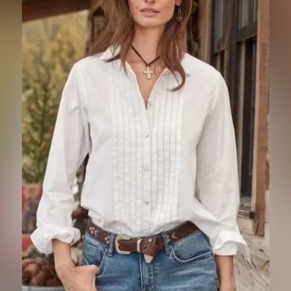 Sundance Cotton Pleated Bib Button Up Long Sleeve Collared Blouse Size XS